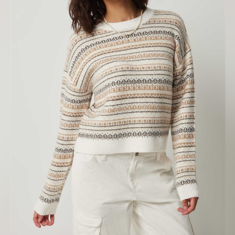 Pretty Diary Fair Isle Sweater Neutral Cream Tan Nordic Knit Crewneck Pullover L